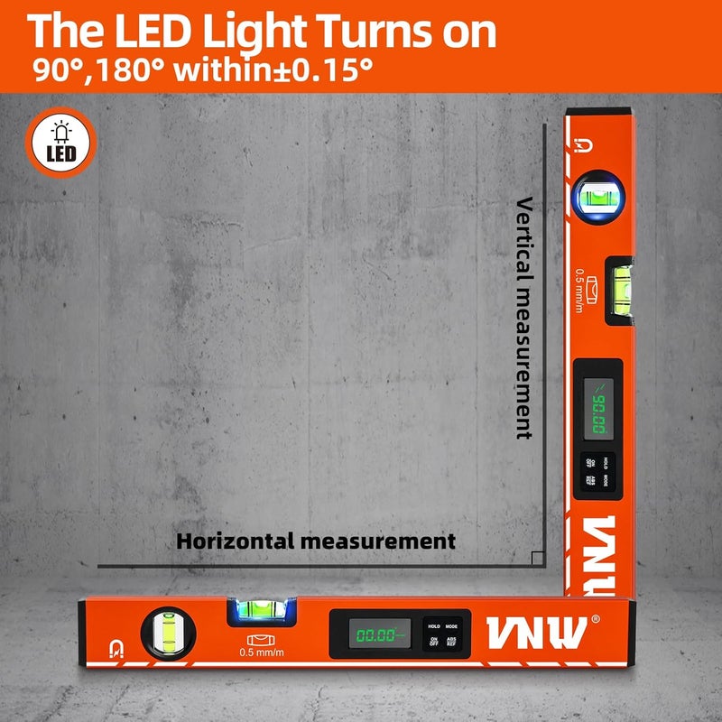 VNW 16inch Digital Level with LCD Display - Bubble Light Up Function - Multi Purpose:Magnetic Torpedo Level, Angle Finder 0-90° & 0-180° Range -Leveler Tool for Woodwork,Saw & Home Leveling (Champagne) - Image 2